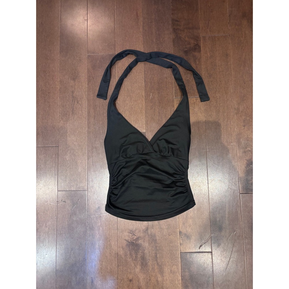Black Halter Neck Ruched Side Surplice V-Neck Sleeveless Top
